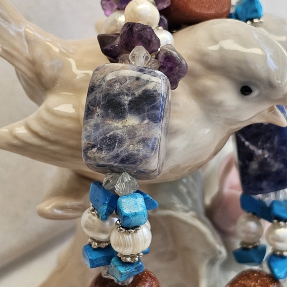 Sodalite,Copper Goldstone, Pearls, Amethyst, Turquoise Stretchy Bracelet - Picture 6 of 14